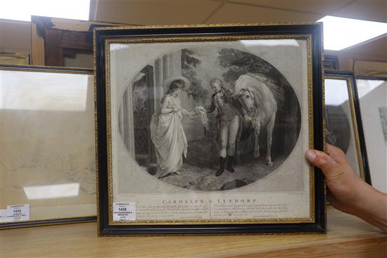 Ogborne after Stothard, pair of stipple engravings, Caroline and Lindorf and Caroline and Walstien, 31 x 34cm